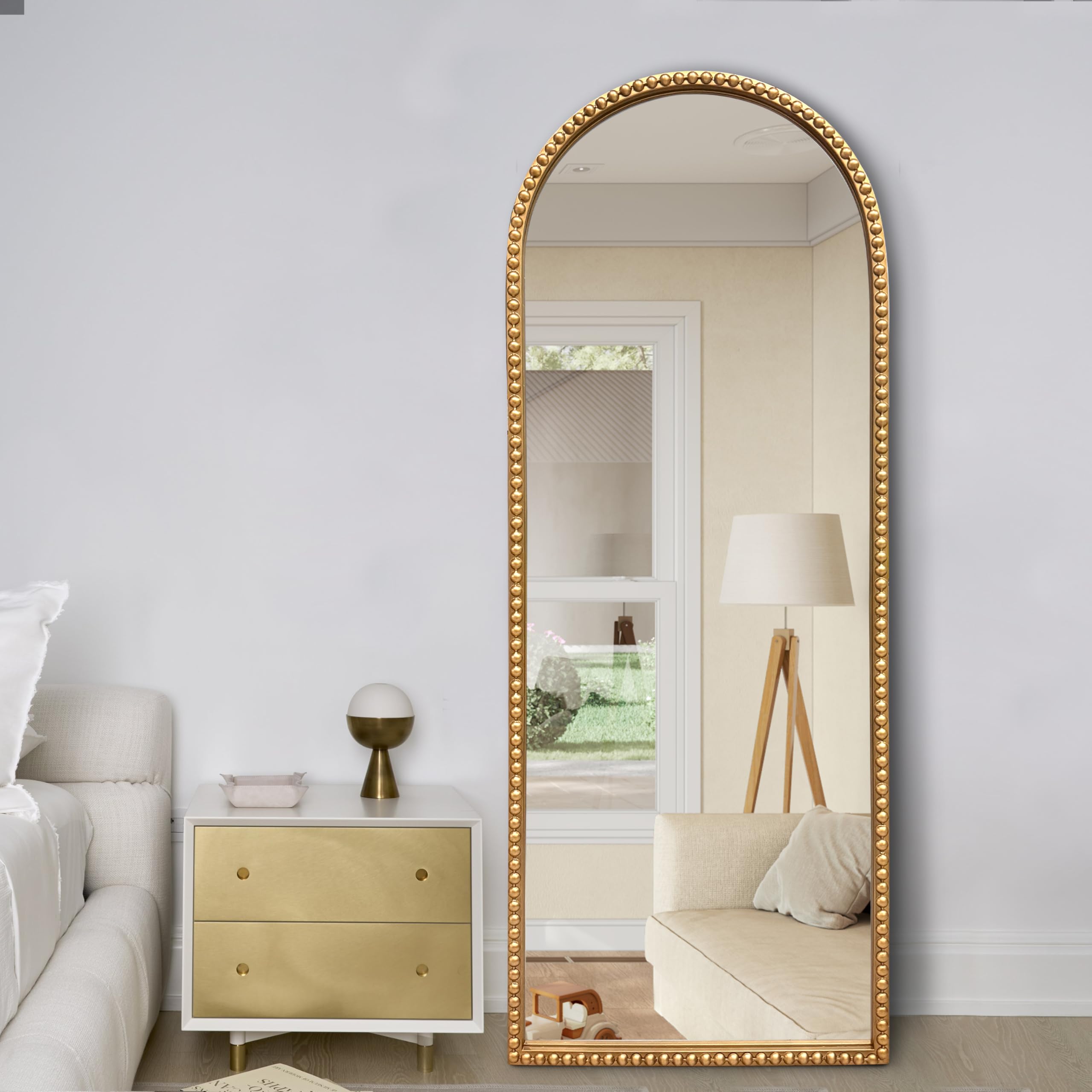 Gold Arch Full Length Wall Mirror with Antique Beaded Frame