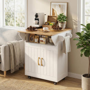 MAHANCRIS Kitchen Island on Wheels, Rolling Island Cart with Drop Leaf, Mobile Kitchen Island with Storage, Kitchen Island Table with Adjustable Shelf and Hooks, for Kitchen White and Natural KIBN9801