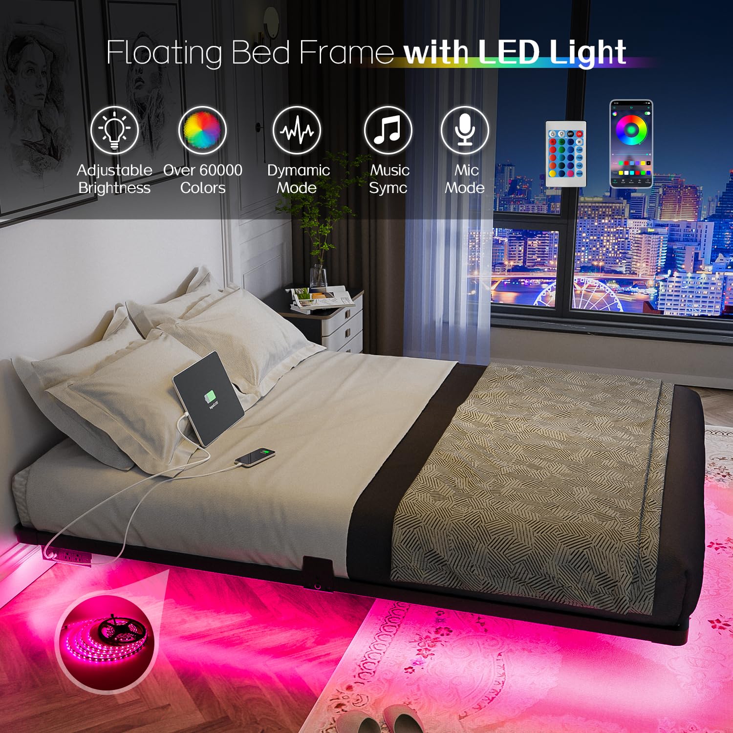 Floating Metal Platform Bed Frame with LED Lights & Charging Station