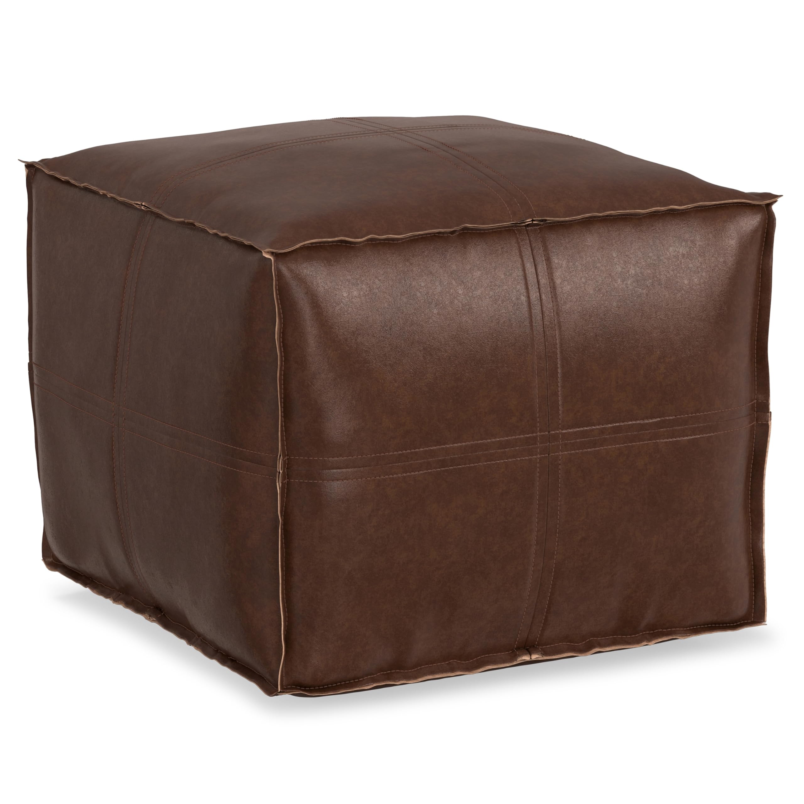 SIMPLIHOME Brody Square Pouf - 18" Wide x 14" High Upholstered Vegan Leather Ottoman in Distressed Dark Brown, Boho Footstool, Coffee Table or Extra Seating for Living Room or Bedroom, Assembled