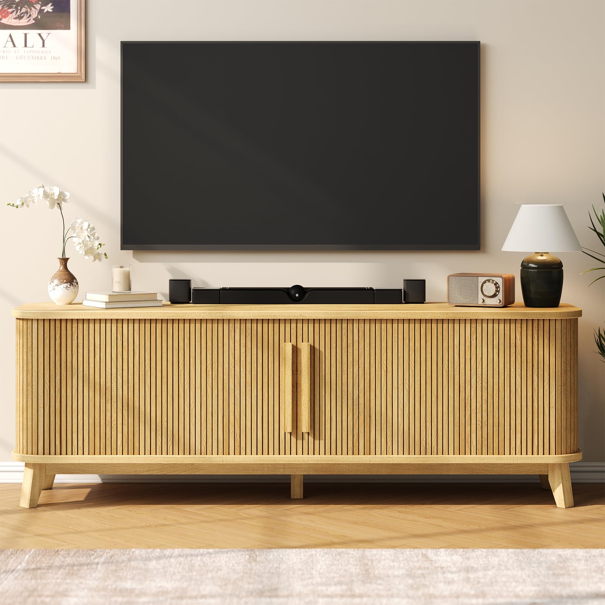66" Mid-Century Modern TV Stand with Sliding Doors