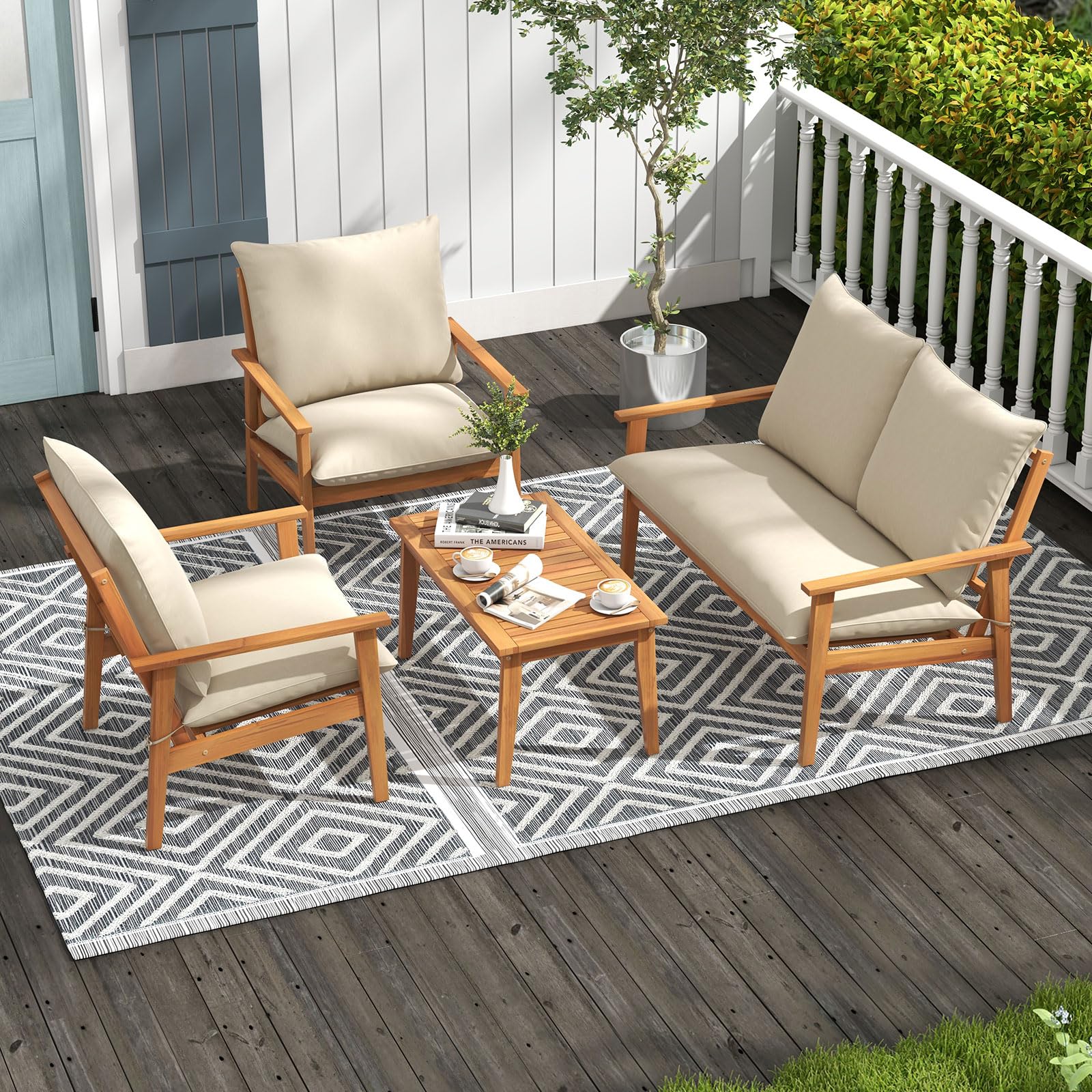 4-Piece Acacia Wood Patio Conversation Set with Cushions