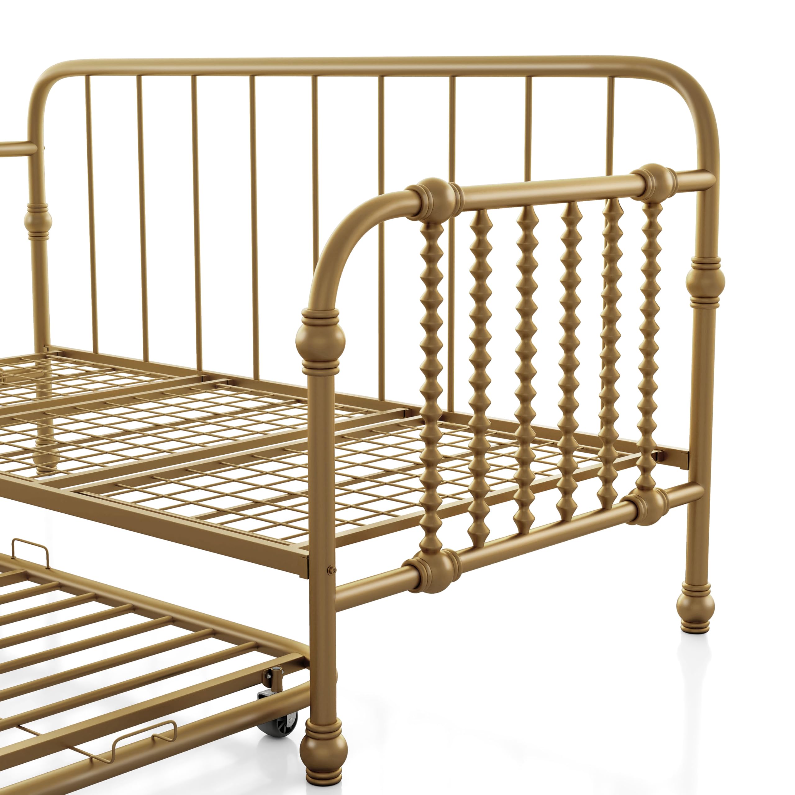 Furniture of America Wren Modern Metal Twin Size Daybed with Trundle and Wheels, Sofa Bed with Spindles and Checker-Box Frame for Living Room, Bedroom, Guest Room, Gold