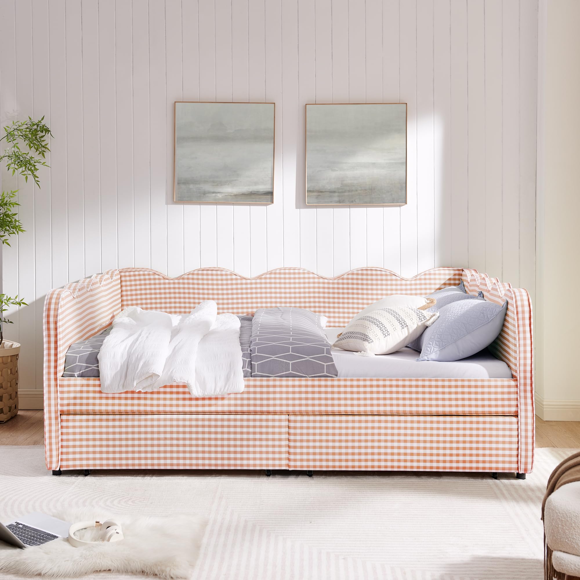 DNYN Gingham Daybed with 2 Storage Drawers and USB Ports for Bedroom/Guest Room, Queen Size Adorable Wave Shape Design Sofabed Frame with Wooden Slats Support, No Box Spring Needed