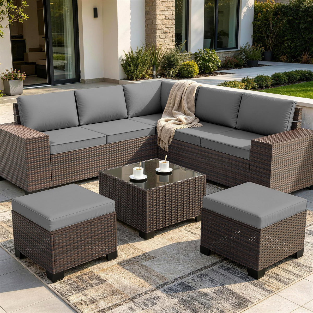 Wicker Patio Ottoman Set