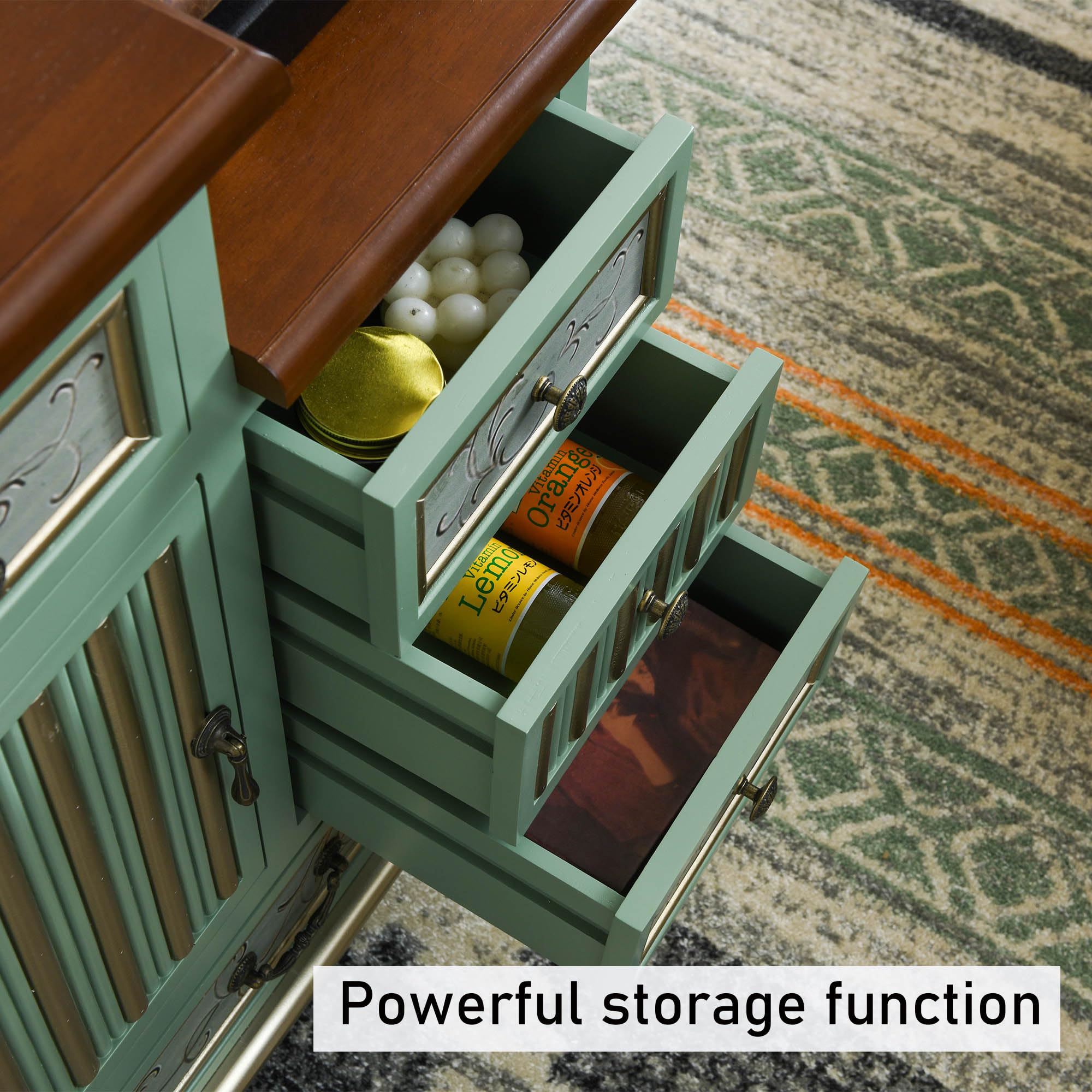 Vintage Accent Cabinet with 5 Drawers & Door – Carved Wood Storage Dresser