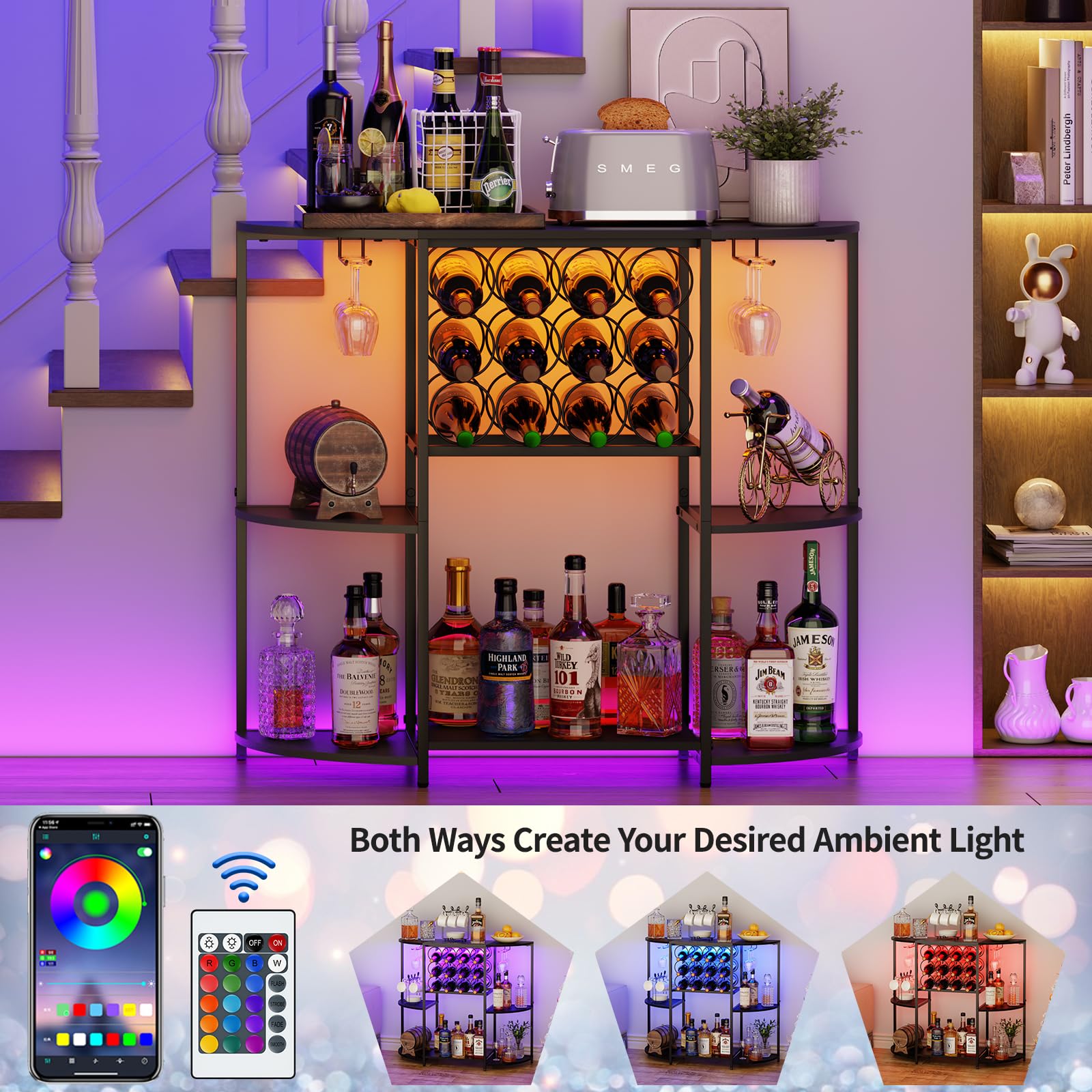 3-Tier Wine Bar Cabinet with LED Lights & Glass Holder