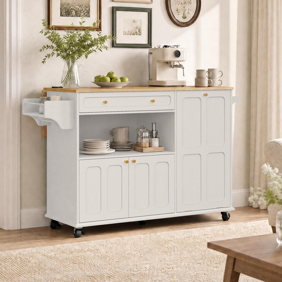 HLR 60" Kitchen Island with Trash Can Storage, Large Mobile Kitchen Island