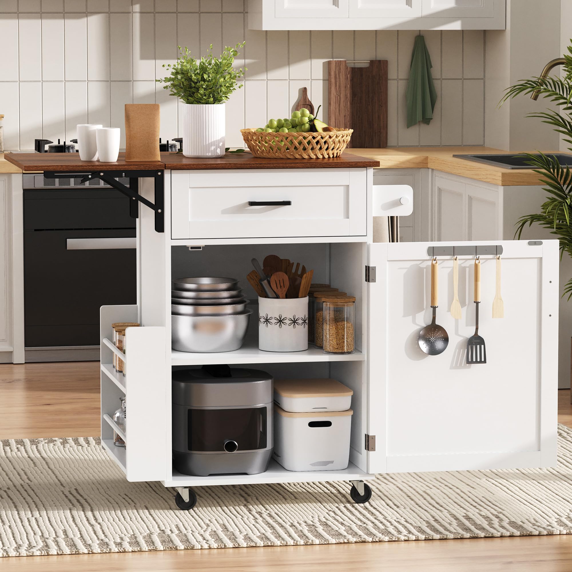 Seeheool K&K 39.3" Farmhouse Kitchen Island with Drop Leaf, Kitchen Storage Island with Open Side Rack, One Drawer, Towel Rack, Rolling Kitchen Cart with Lockable Wheels for Lawn Garden, White