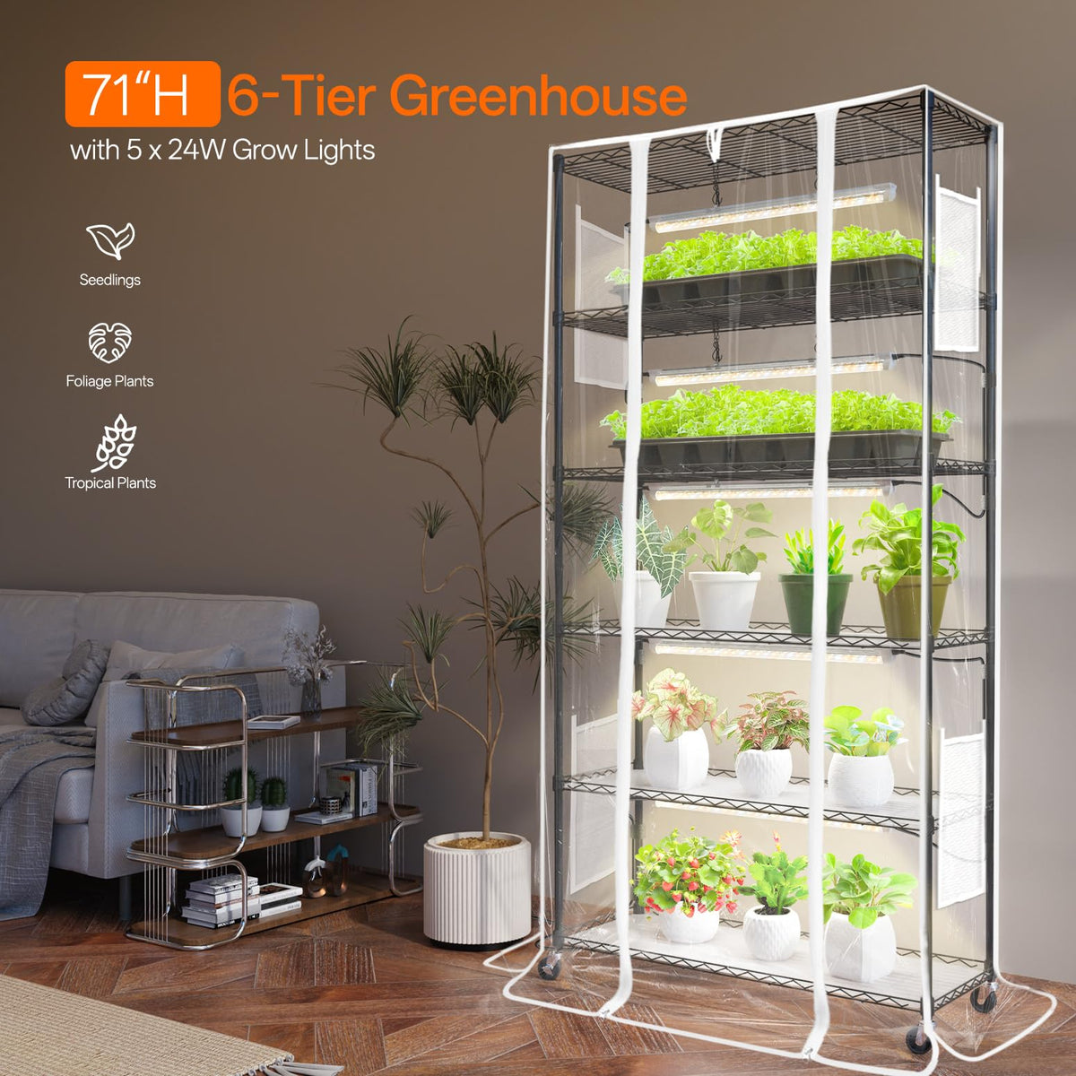 Bstrip 5-Tier Indoor Greenhouse with Grow Light, 35.4x13.8x71in
