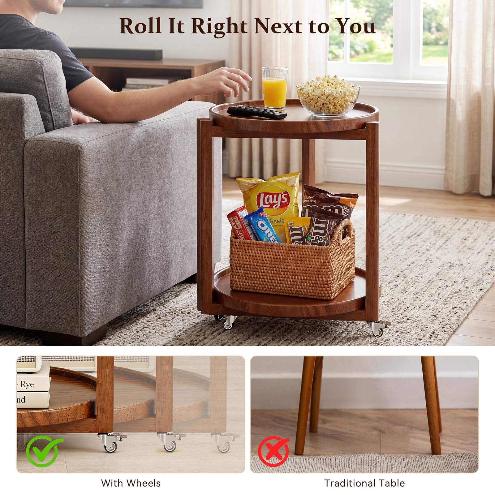 Round Rolling Side Table with Storage Shelf