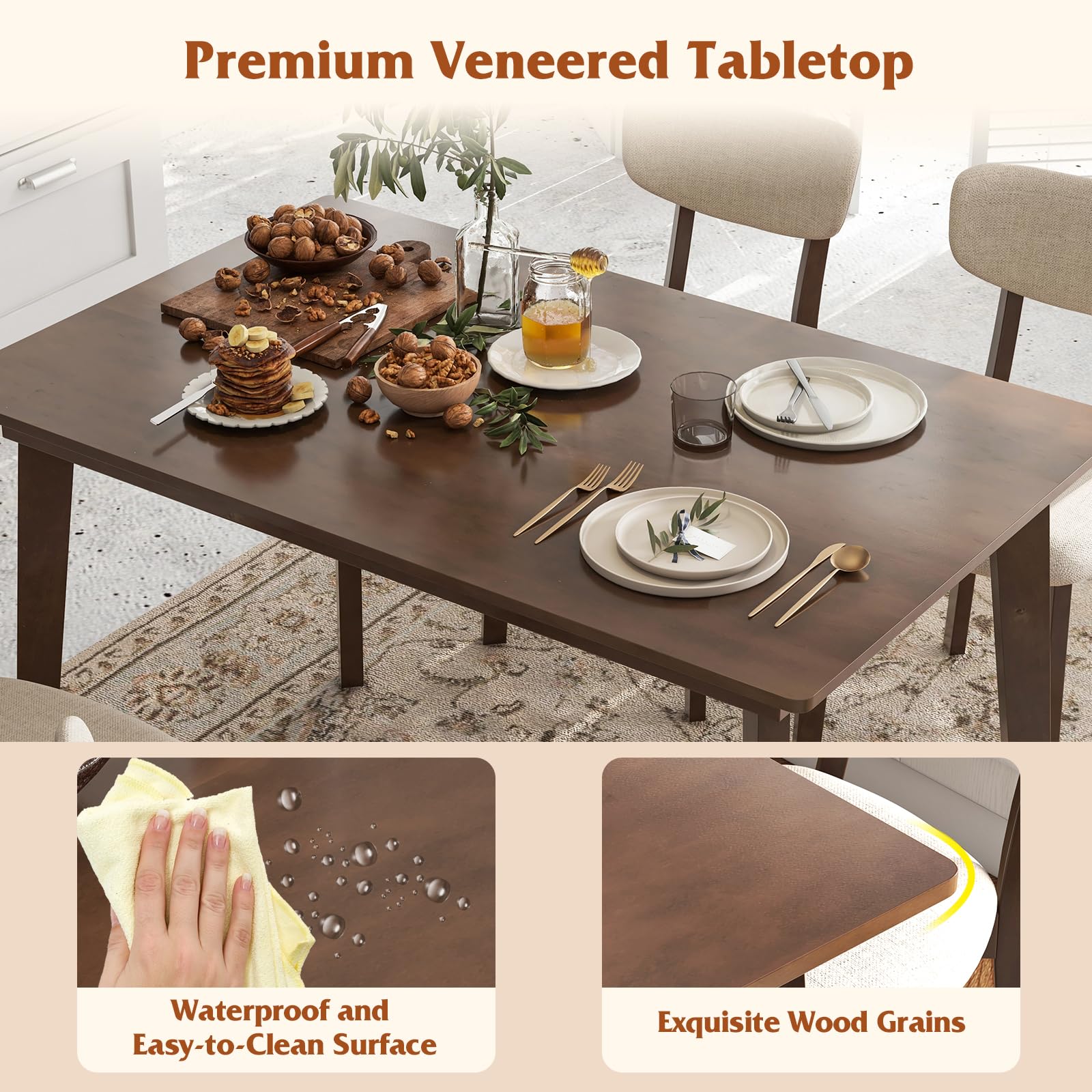 5-Piece Farmhouse Dining Table Set with 4 Upholstered Chairs
