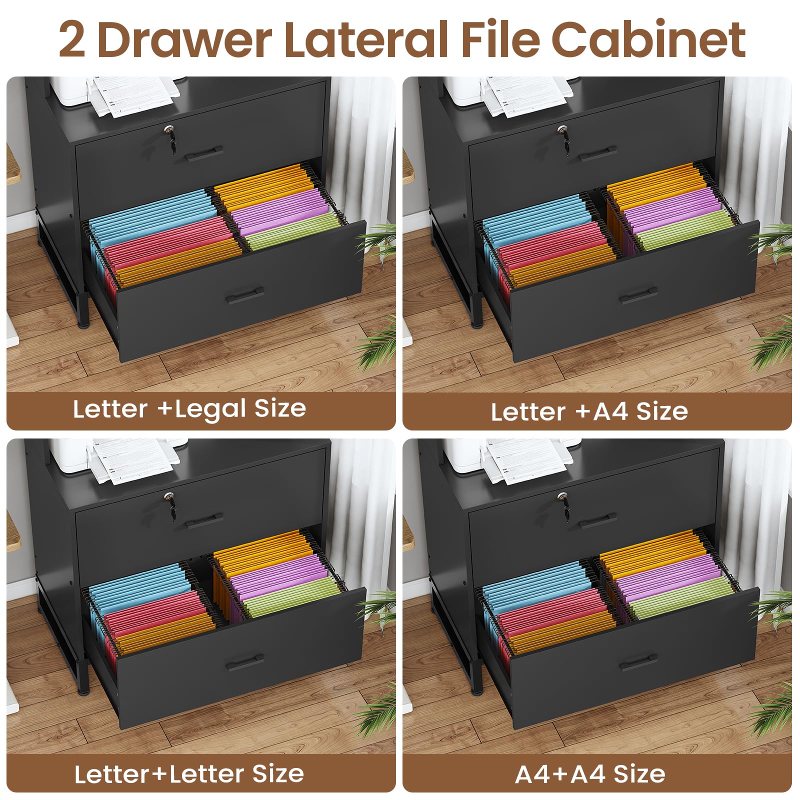 2-Drawer File Cabinet with Lock, Charging Station & Bookshelf