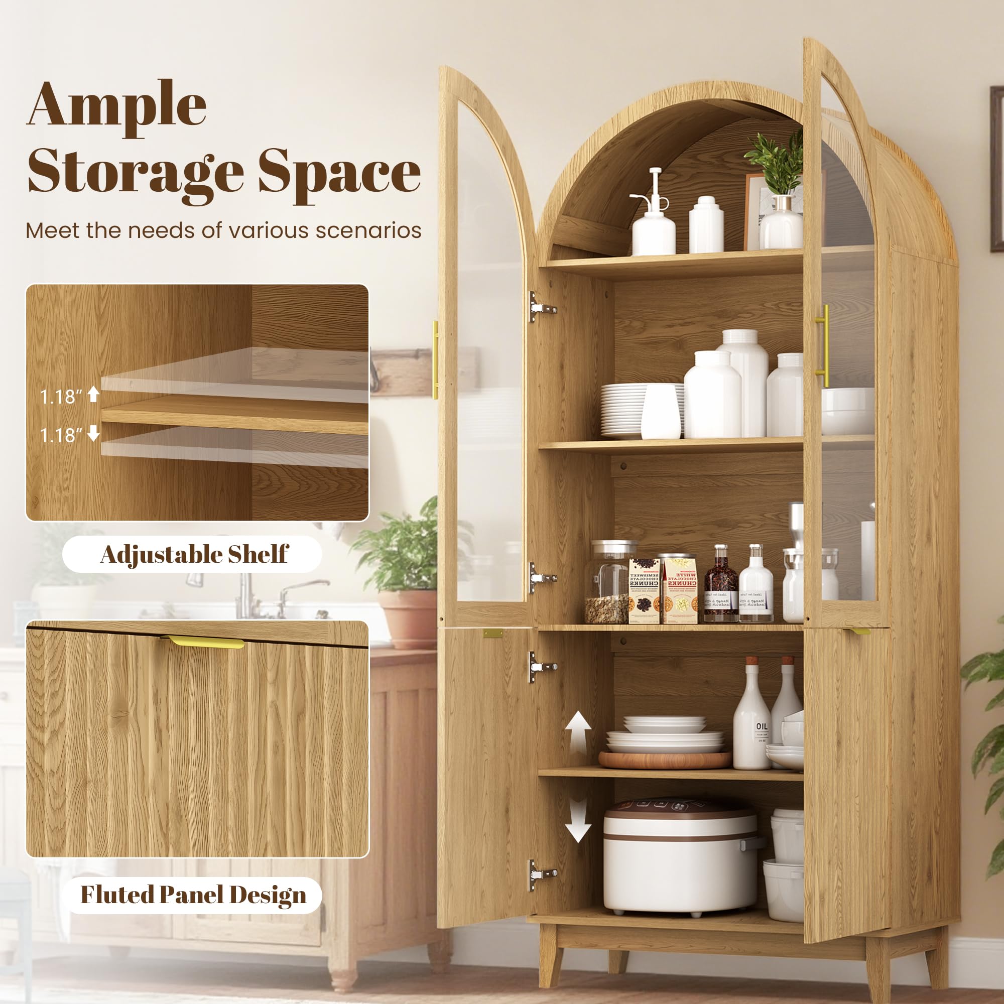 Arched Glass Door Pantry Cabinet with Fluted Detail