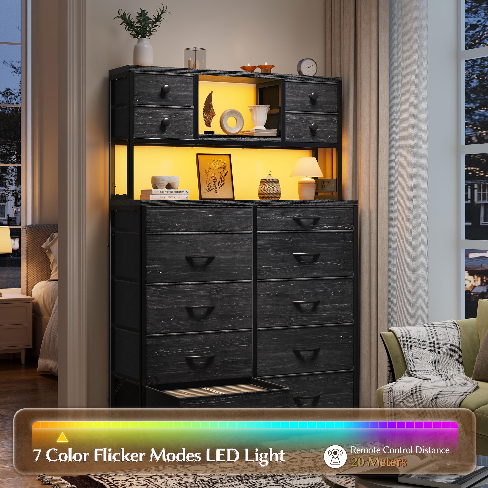 EnHomee Black Dresser with Multiple Fabric Drawers, Dresser for Bedroom with Charging Station and LED Lights,Dressers & Chests of Drawers for Bedroom, Steel Frame & Wooden Top, Entryway