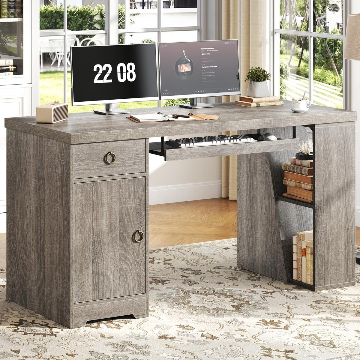 HSH 55" Office Desk with Keyboard Tray, Modern Computer Desk with Storage