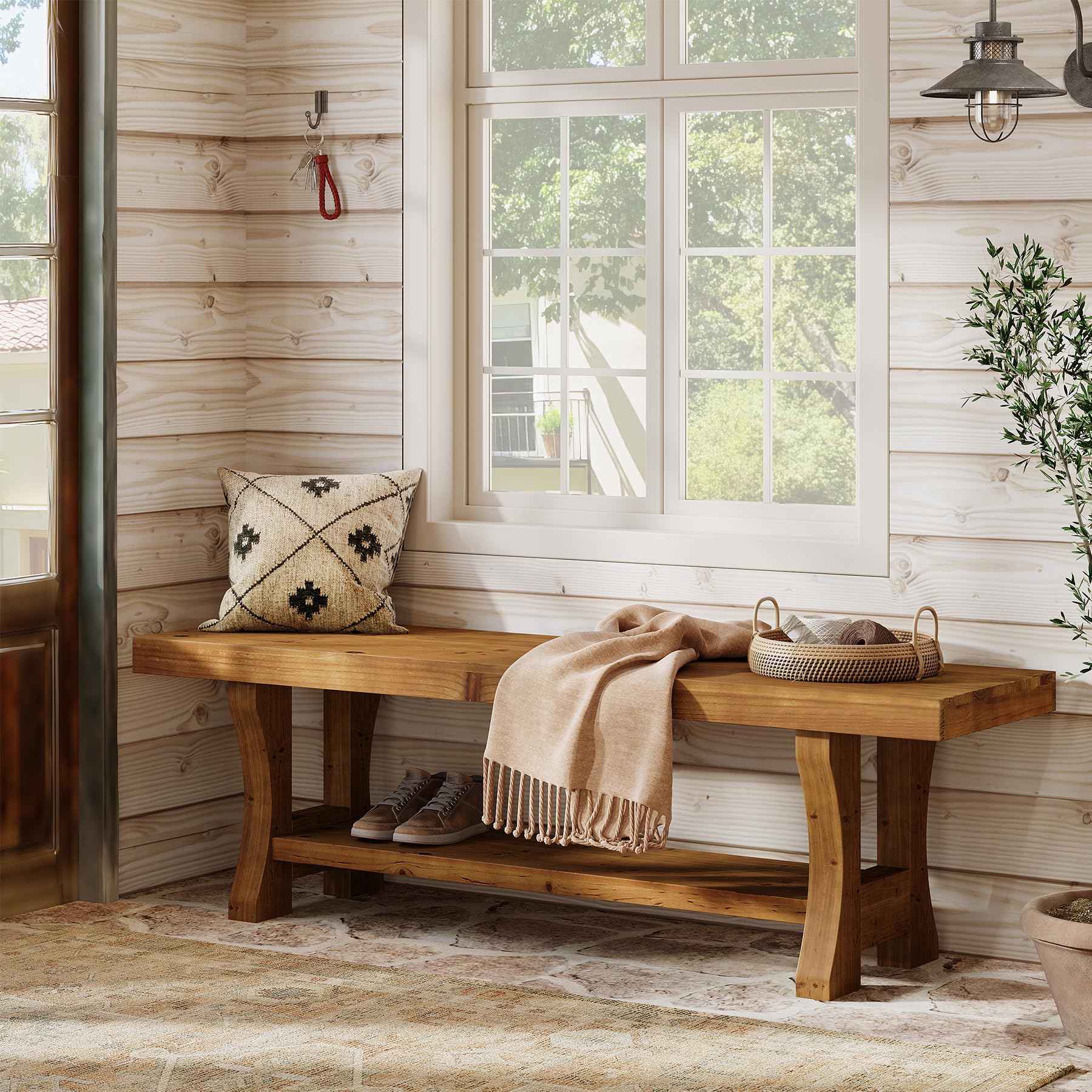 TRIBEWOOD Solid Wood Entryway Bench, 55" End of Bed Bench, Long Indoor Dining Seat for Hallway, Bedroom, Living Room, Dining Room, Easy Assembly, Brown