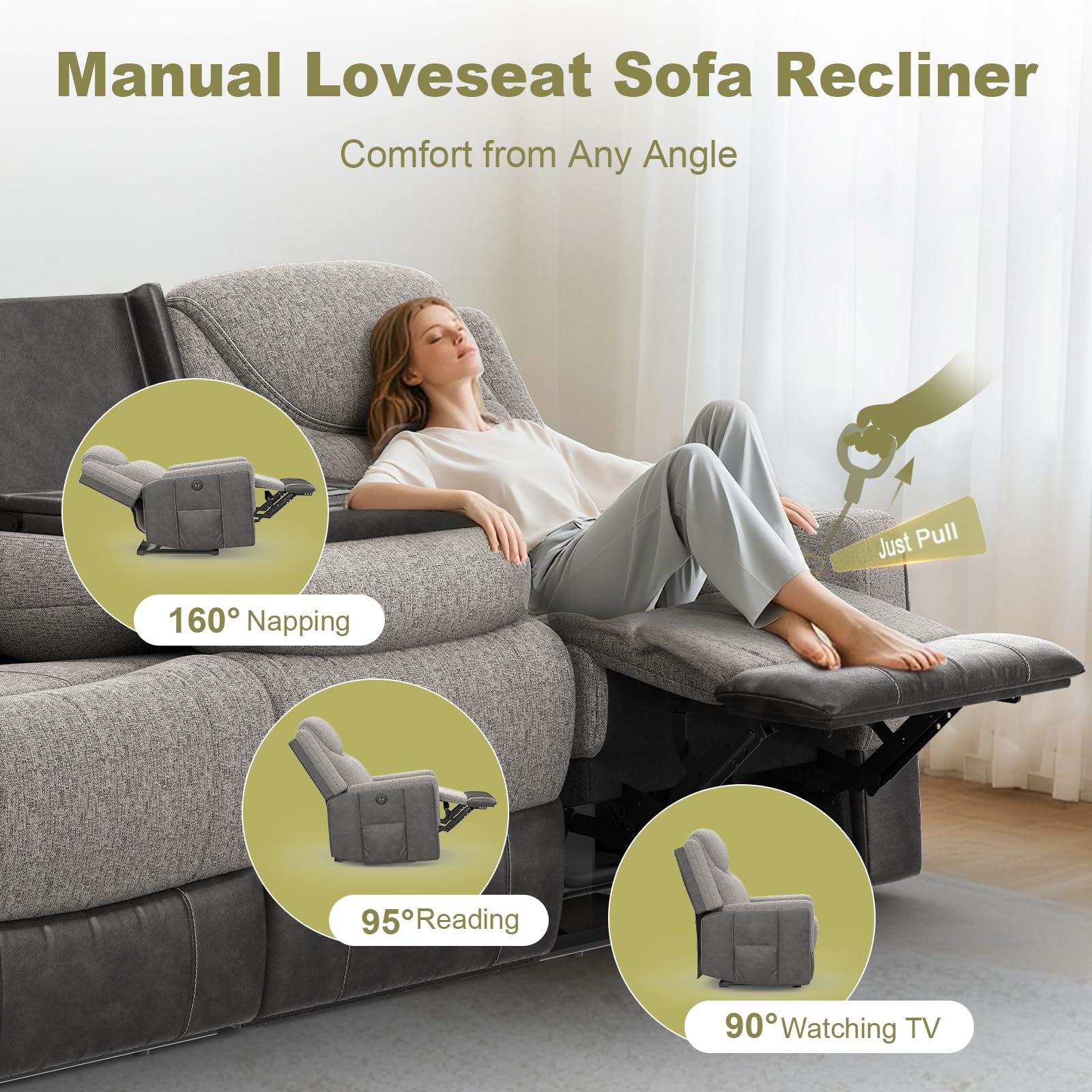 Dresegmt Home Theater Seating, Manual Recliner Sectional Sofa for Living Room, 5 Seater Reclining Sectional Couch with Flip-Up Backrest, Storage Console, USB Ports, Grey Linen & Chocolate Leather