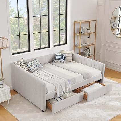 Queen Size Upholstered Daybed with Storage Drawers