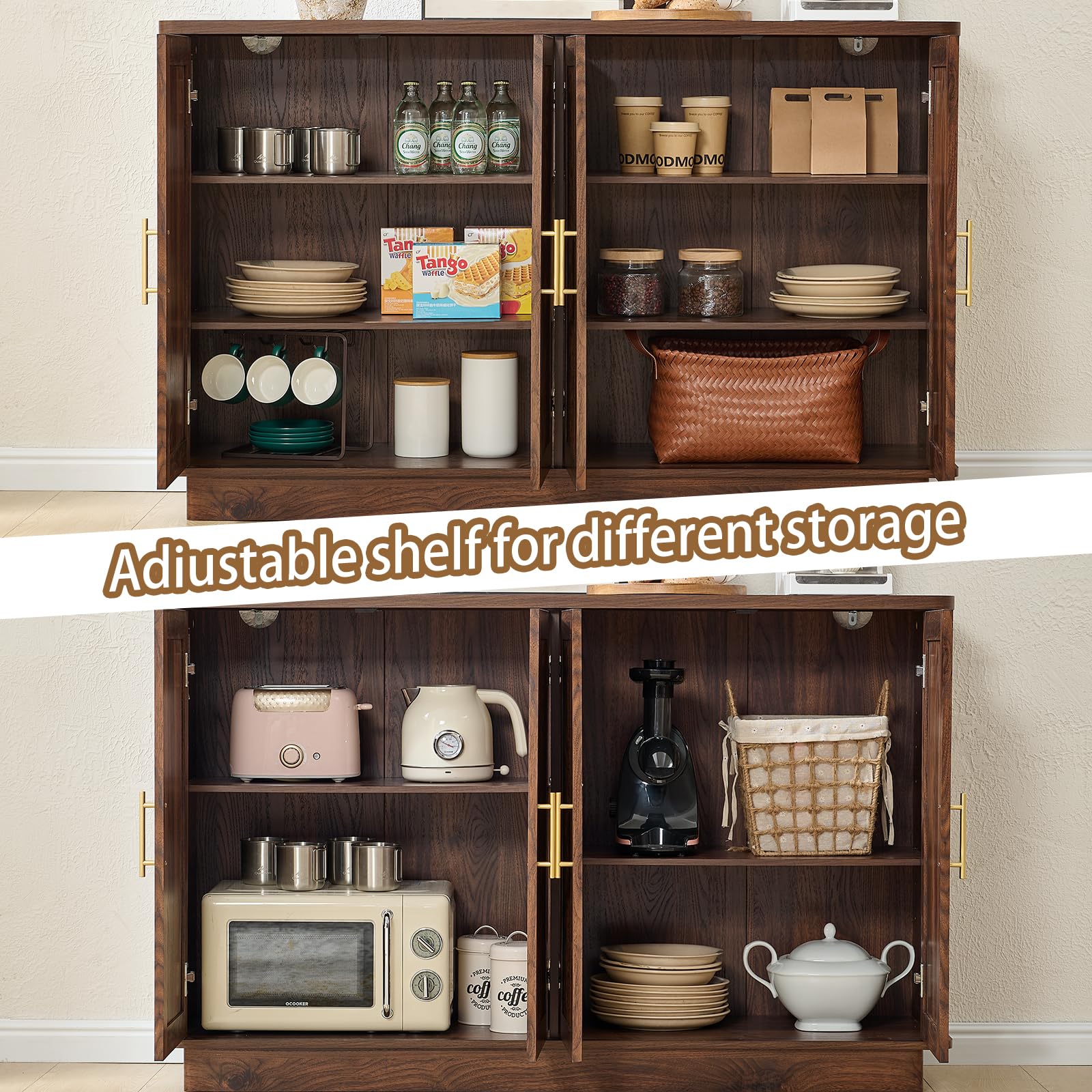 Modern Fluted Sideboard Buffet Cabinet with 4 Doors & Adjustable Shelves