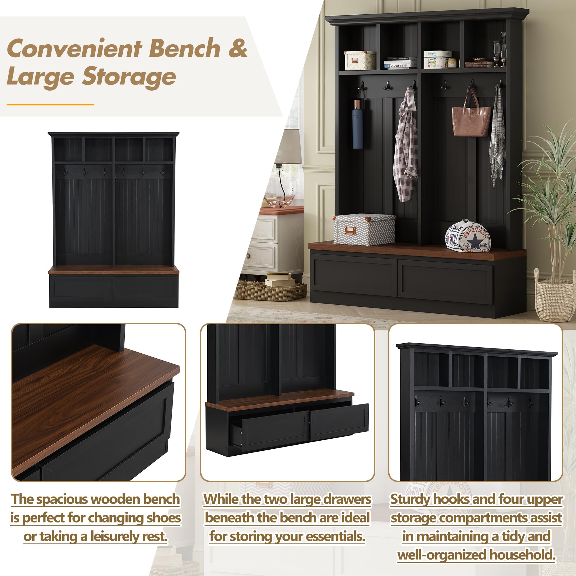 Farmhouse Hall Tree with Bench, Storage Drawers & 6 Hooks