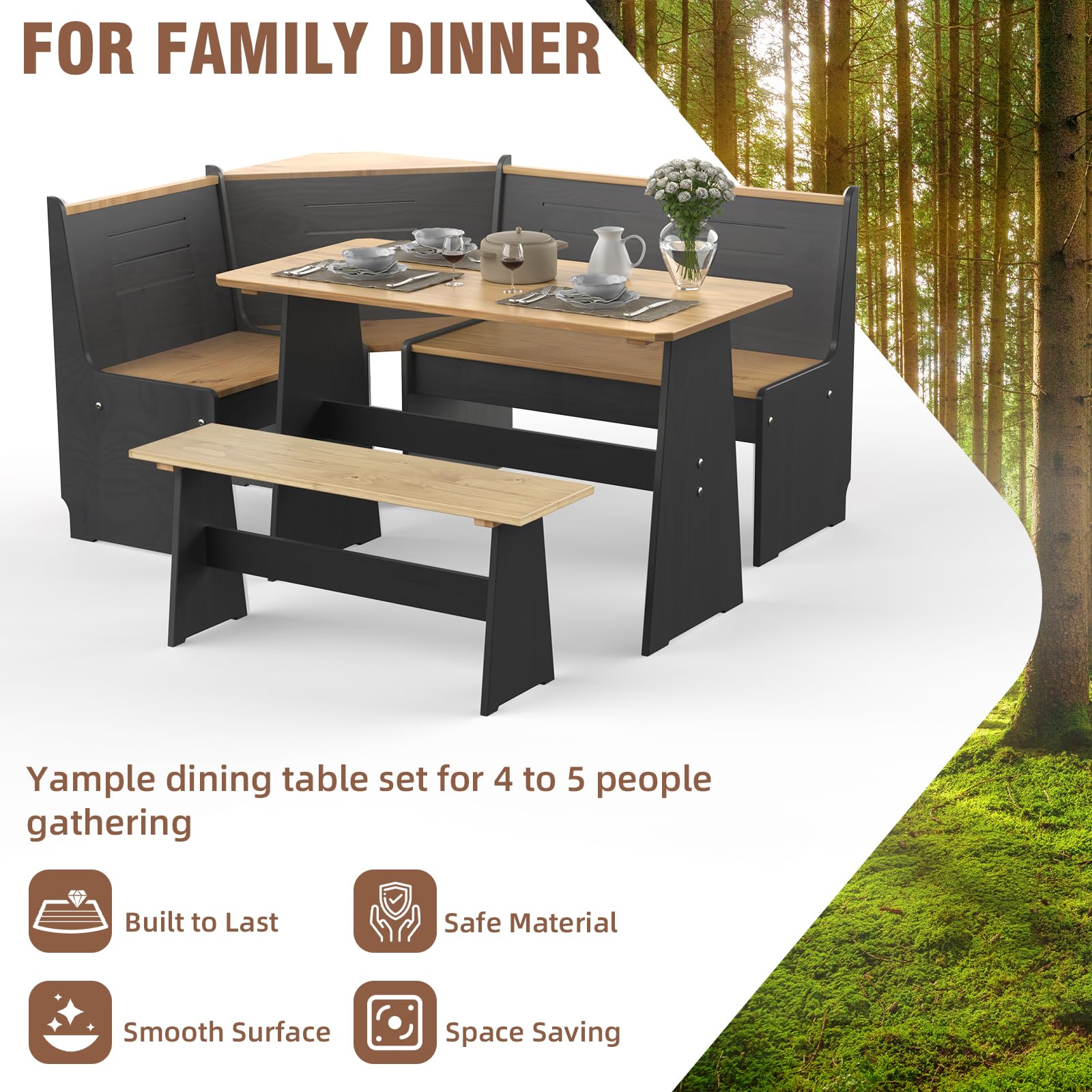 Gracava Breakfast Nook Table Set - L Shaped Corner Solid Wood Kitchen Dining Table with Bench Space Saving Seats 4-6 for Apartment 丨 Black