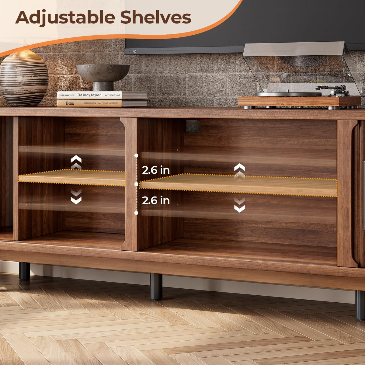 Hizyrina 70" TV Stand for TVs Up to 75", Mid Century Modern Fluted Entertainment Center with 2 Storage Cabinets, Sliding Doors, Cable Management, Wood Television Media Console for Living Room, Walnut