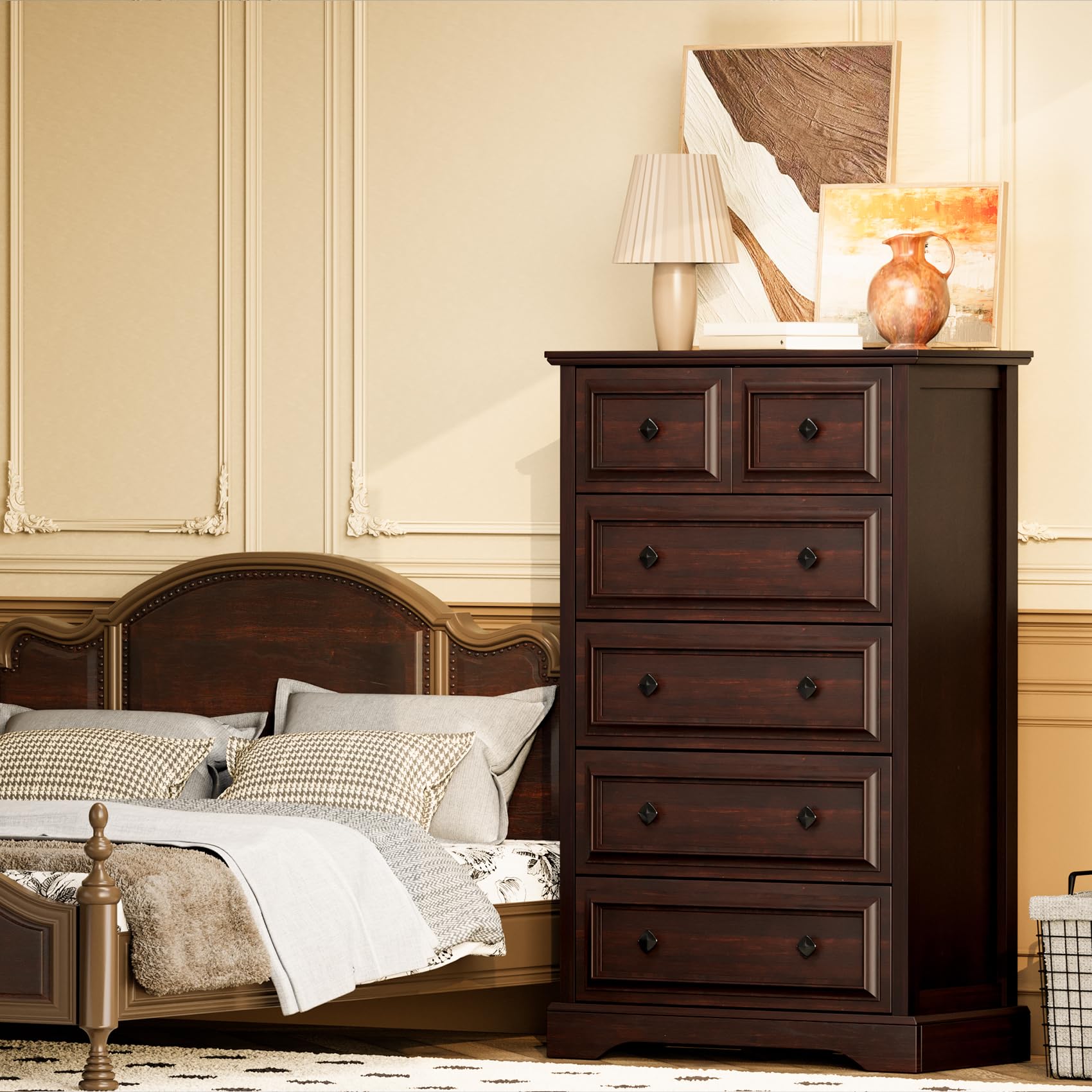 VVFLU Farmhouse 6 Drawer Dresser, 48" Tall Dresser Chest of Drawers with Natural Texture & Metal Handles, Storage Dressers Organizer for Bedroom, Living Room, Hallway, Vintage Design (Cherry)
