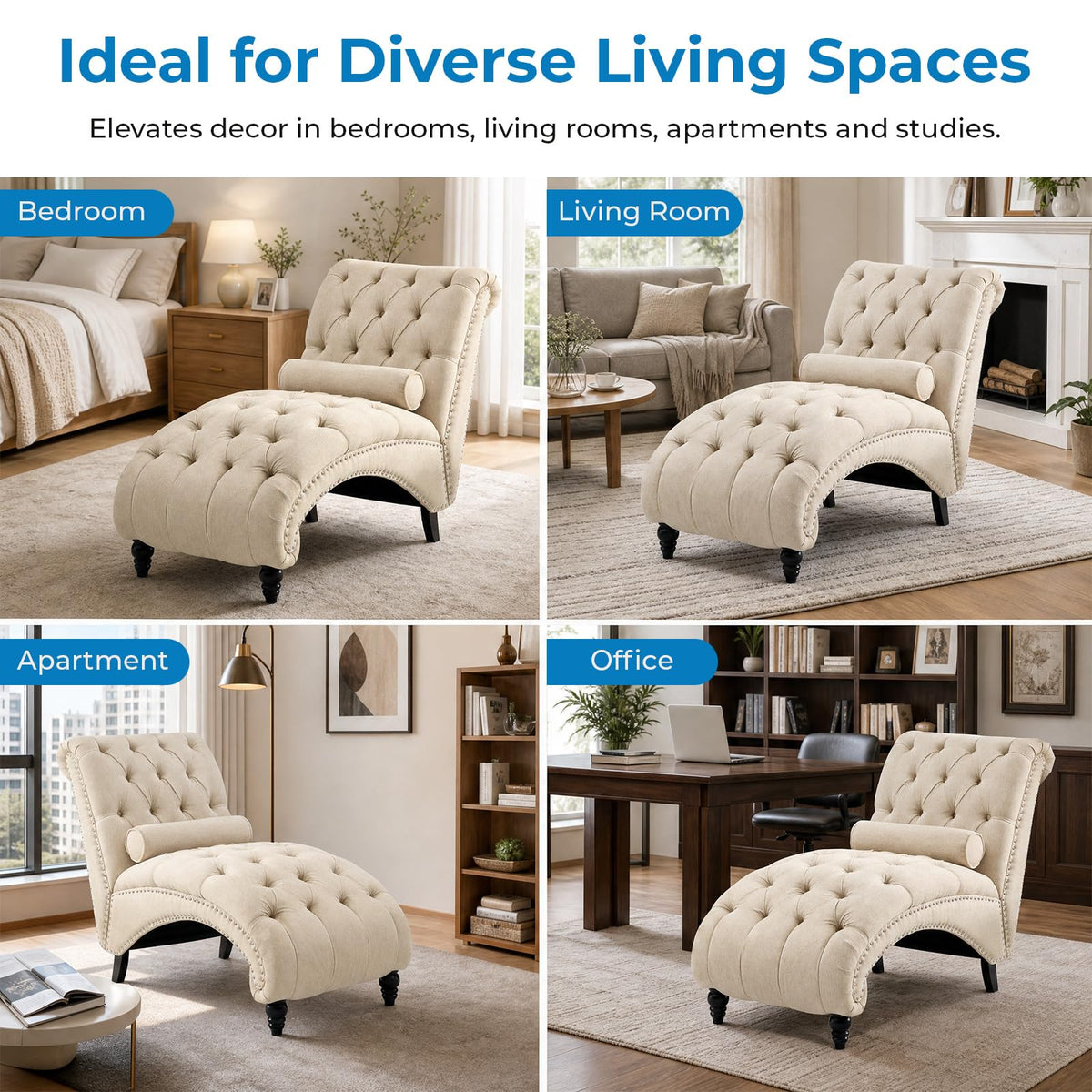 Tufted Chaise Lounge Chair Indoor, Beige Linen with Pillow & Nailhead Trim