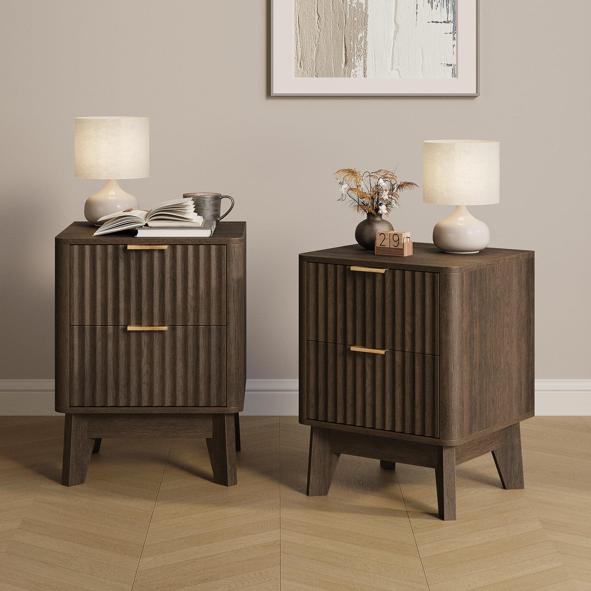 TROJM Fluted Nightstand Set of 2 with Curved Edge Design,Walnut