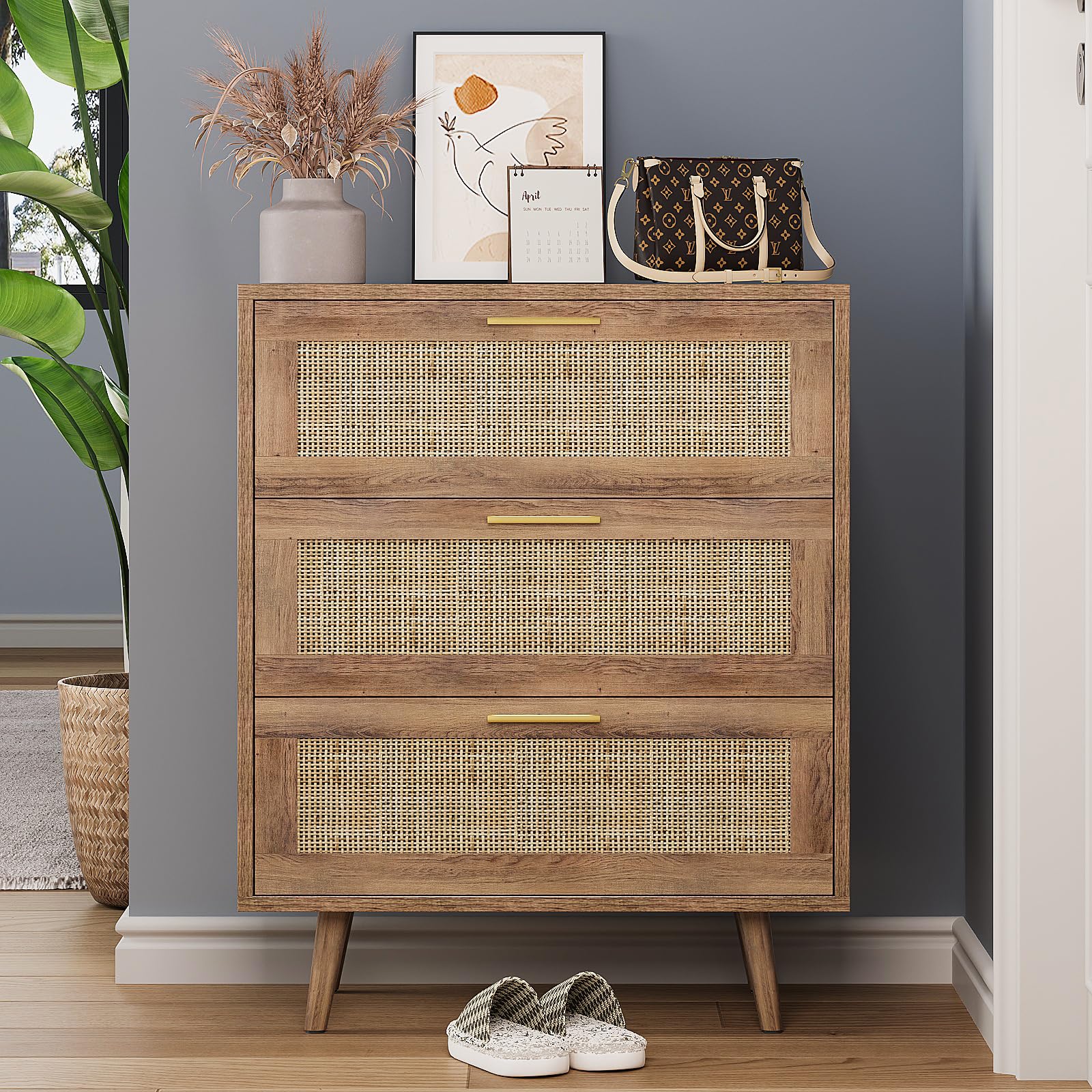 Trironsun 3 Drawer Dresser for Bedroom Rattan Dresser Chest of Drawers with Spacious Storage Boho Clothes Storage Nightstand for Living Room