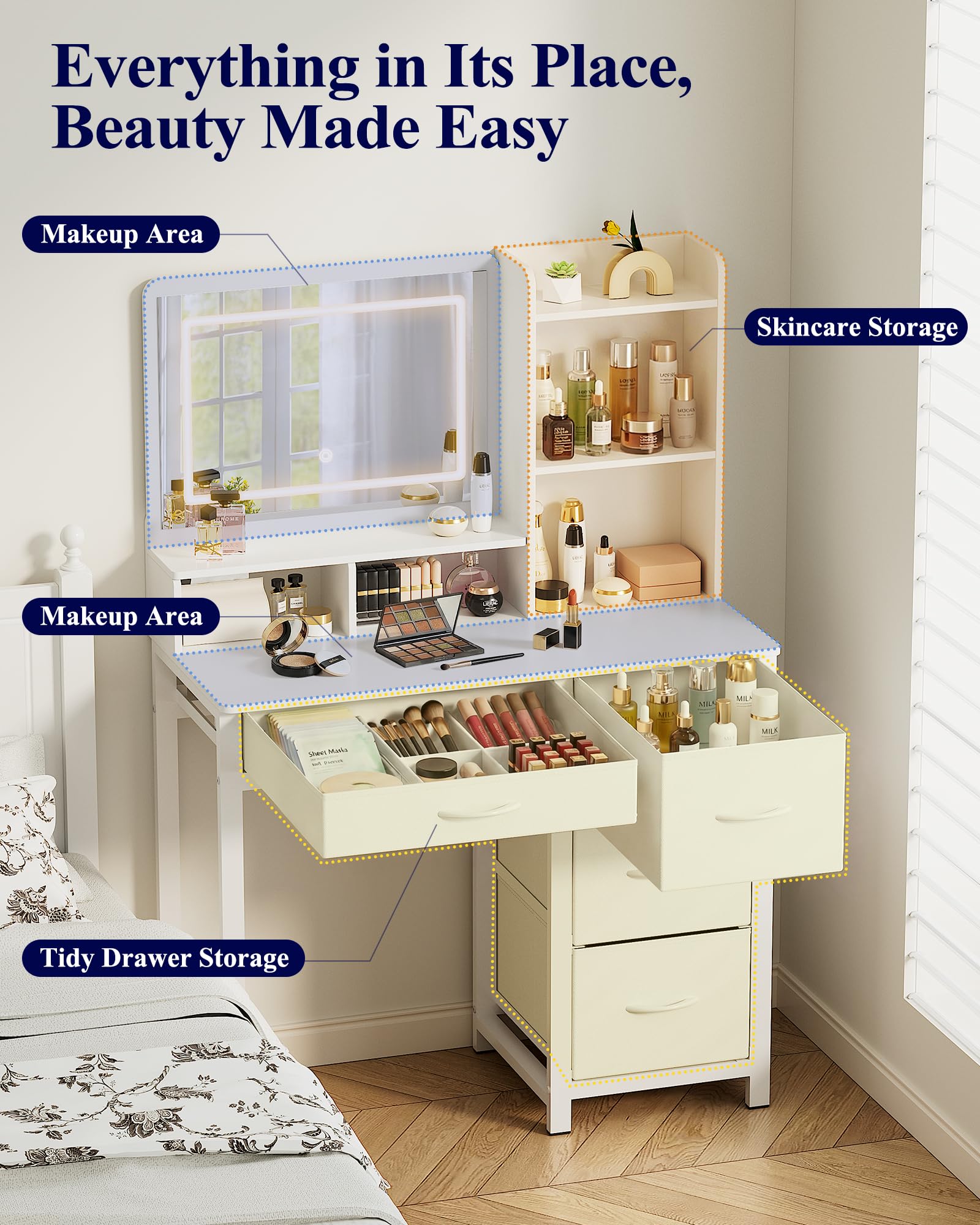 Kitsure Vanity Desk with Mirror and Lights - Large Capacity Makeup Vanity with 4 Fabric Storage Drawers & 3 Lighting Modes, Vanity Table Set with Sturdy Metal Frame for Bedroom, White, 35" x 17" x 52"