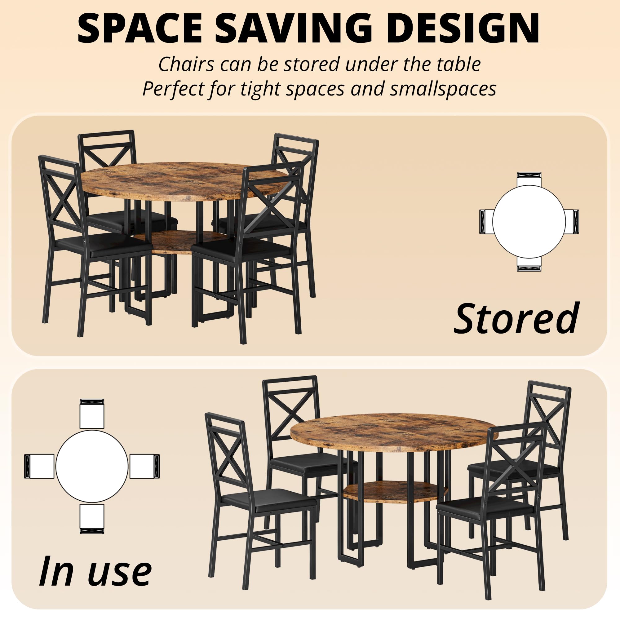 5-Piece Round Dining Table Set with 4 Chairs, 47"