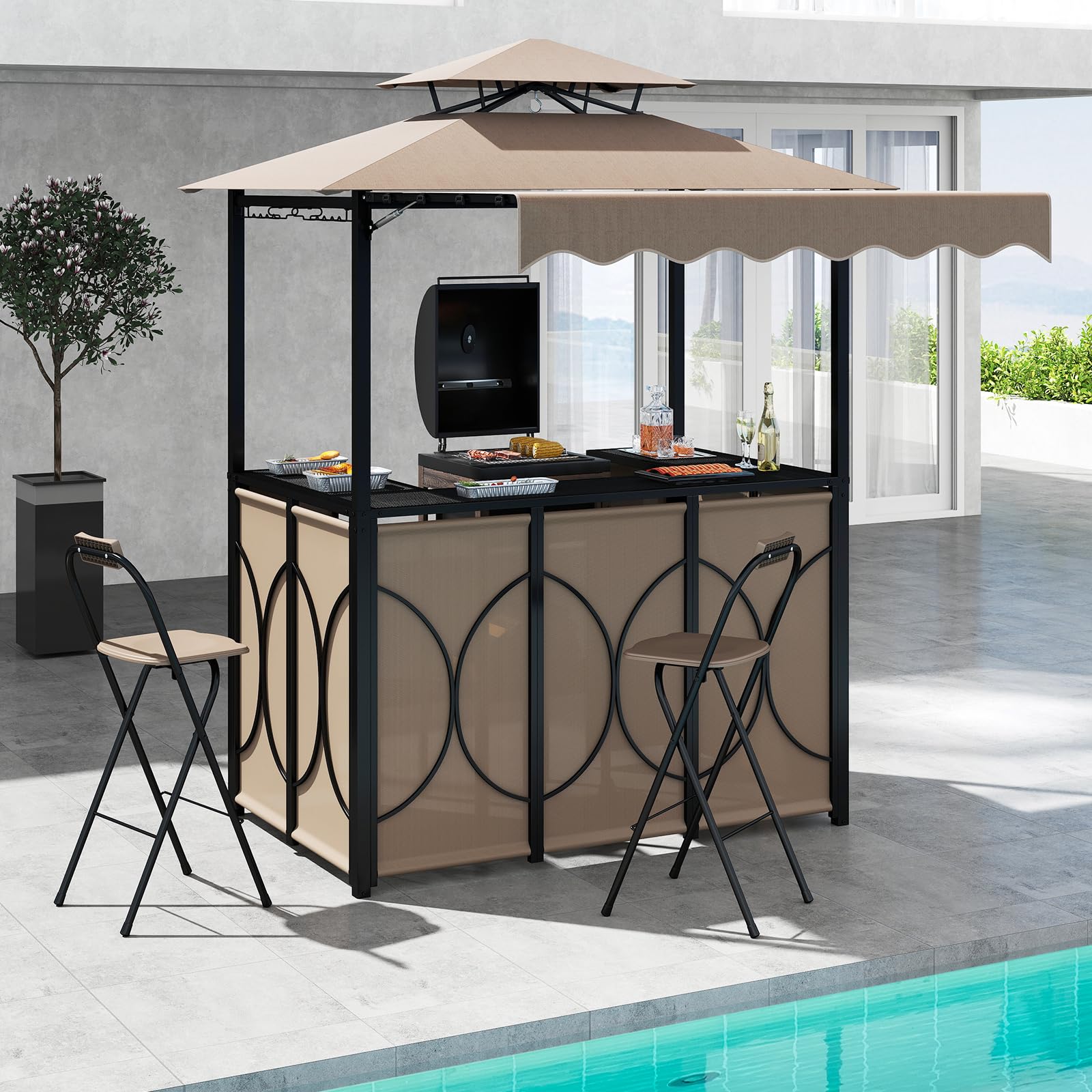 Tangkula 3 Piece Patio Bar Set, Grill Gazebo & 2 Foldable Bar Stools with Awning, Metal Storage Shelves, Glass Holders, Double-Tier Outdoor Shelter for Patio Poolside Garden Backyard (Coffee)