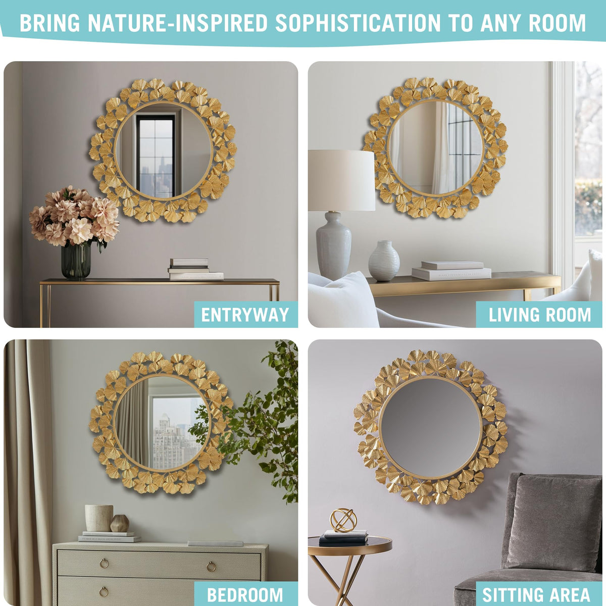 Gold Ginkgo Leaf Round Wall Mirror