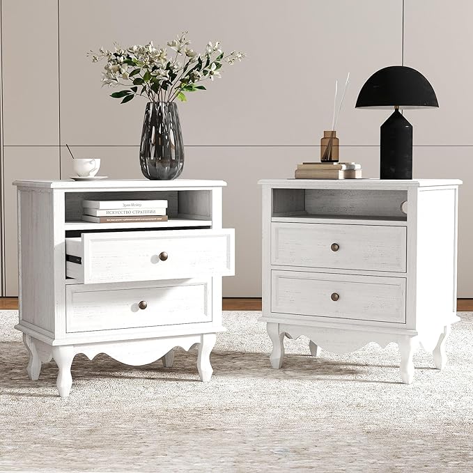 Nightstand with 2 Drawers, Open Shelf & Charging Station