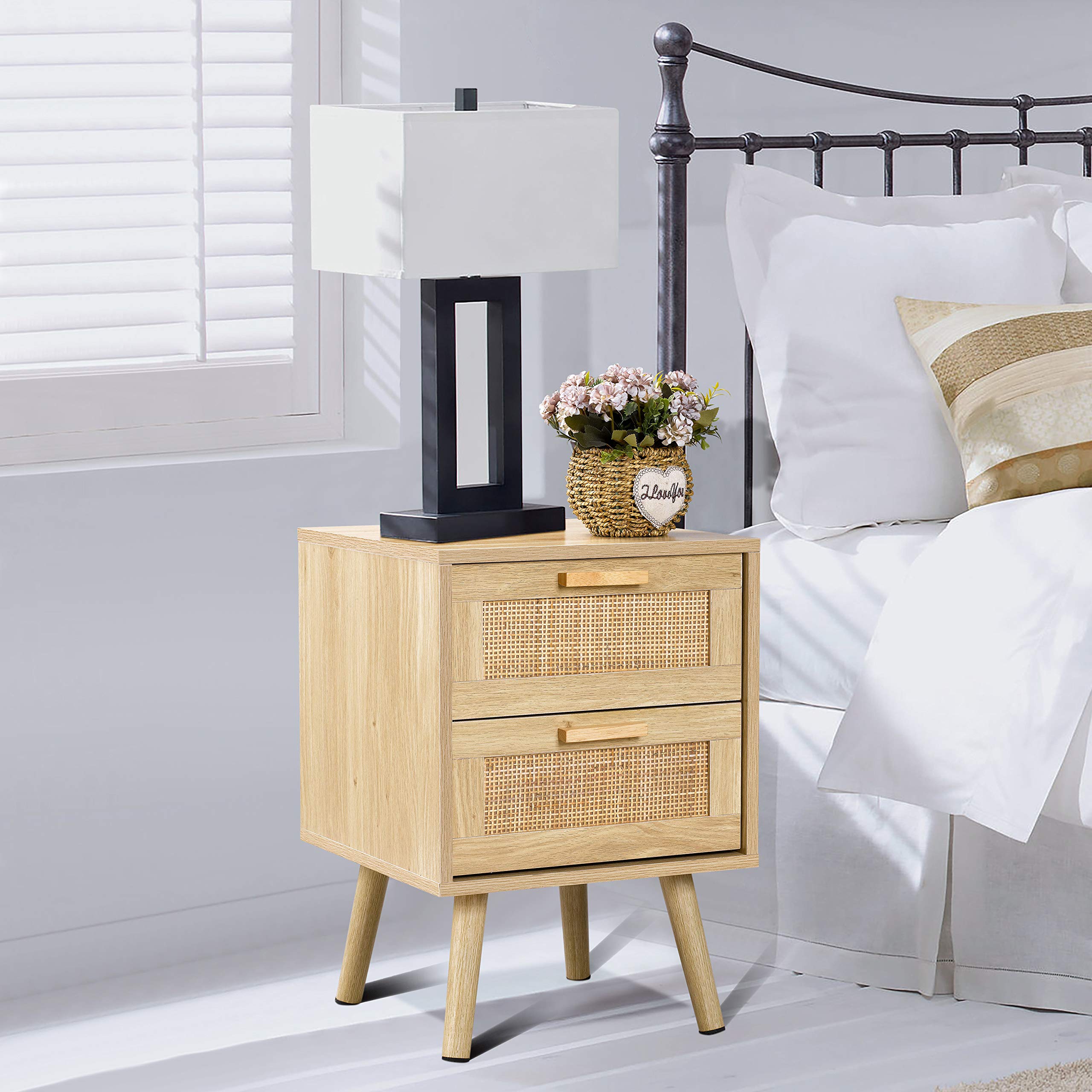 Finnhomy Nightstands Set of 2, Night Stands Set 2 with Hand Made Rattan Decorated Drawers, Nightstand, End Table, Bedside Tables Set of 2 for Bedroom, Natural, 2 Pack