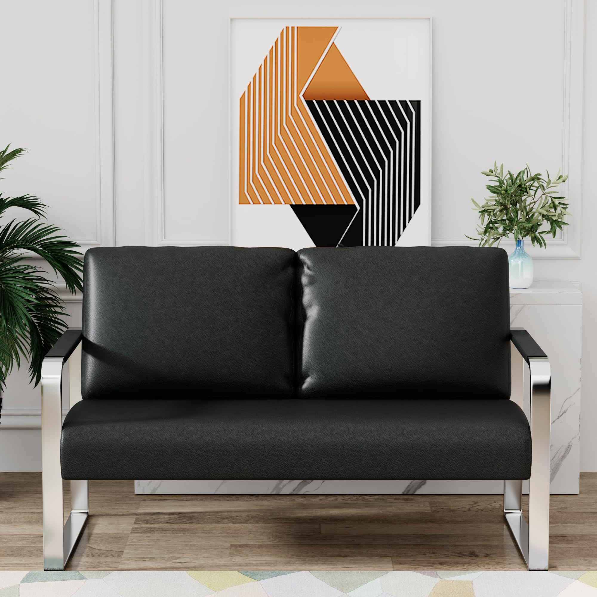 Love Seat Mini Couch Small Settee Loveseat Bench for Living Room, Faux Leather Loveseat Sofa Waiting Room Furniture for Small Spaces with Padded Cushion, Mid Century Modern Black Love Seats