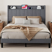 Pingliang Home Queen Size Bed Frame, Linen Upholstered Platform Bed with Storage Headboard, Strong Wooden Slats Support, No Box Spring Needed, Easy Assembly, Dark Grey