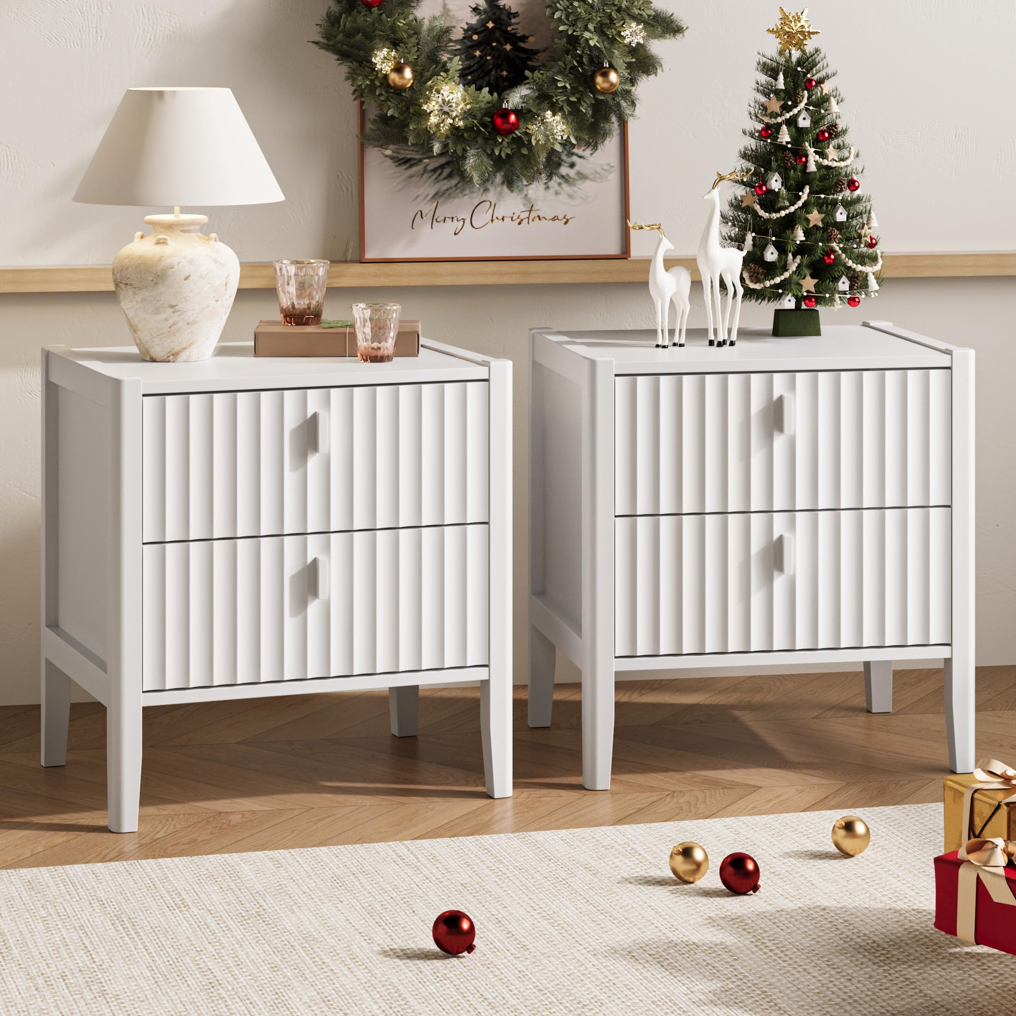 Nightstand with 2 Drawers, Fluted Bedside Table