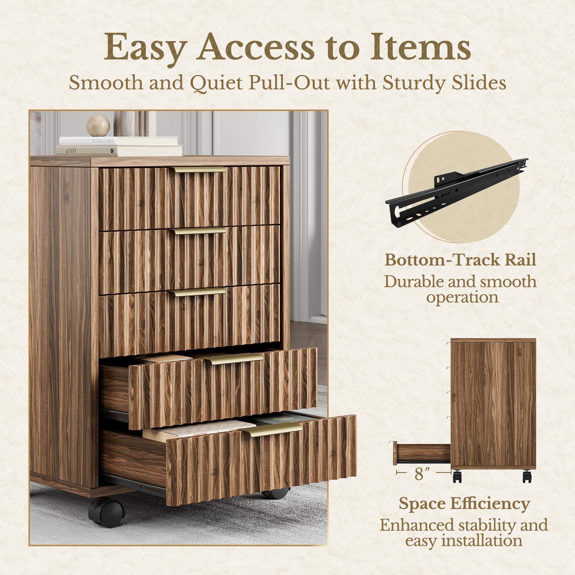 Fluted Mobile File Cabinet with Drawers & Wheels