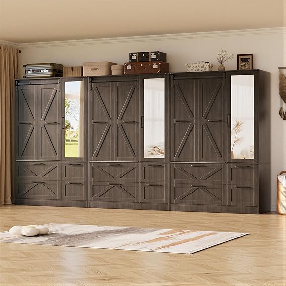 Sliding Barn Door Armoire Wardrobe with Mirror & Sensor Lights