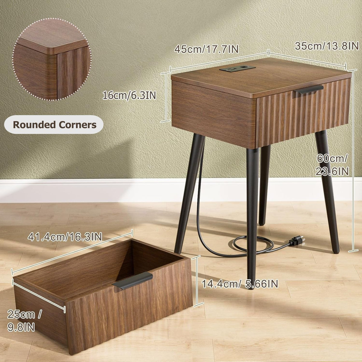 HAIOOU Fluted Mid Century Modern Nightstands Set of 2 with Charging Station
