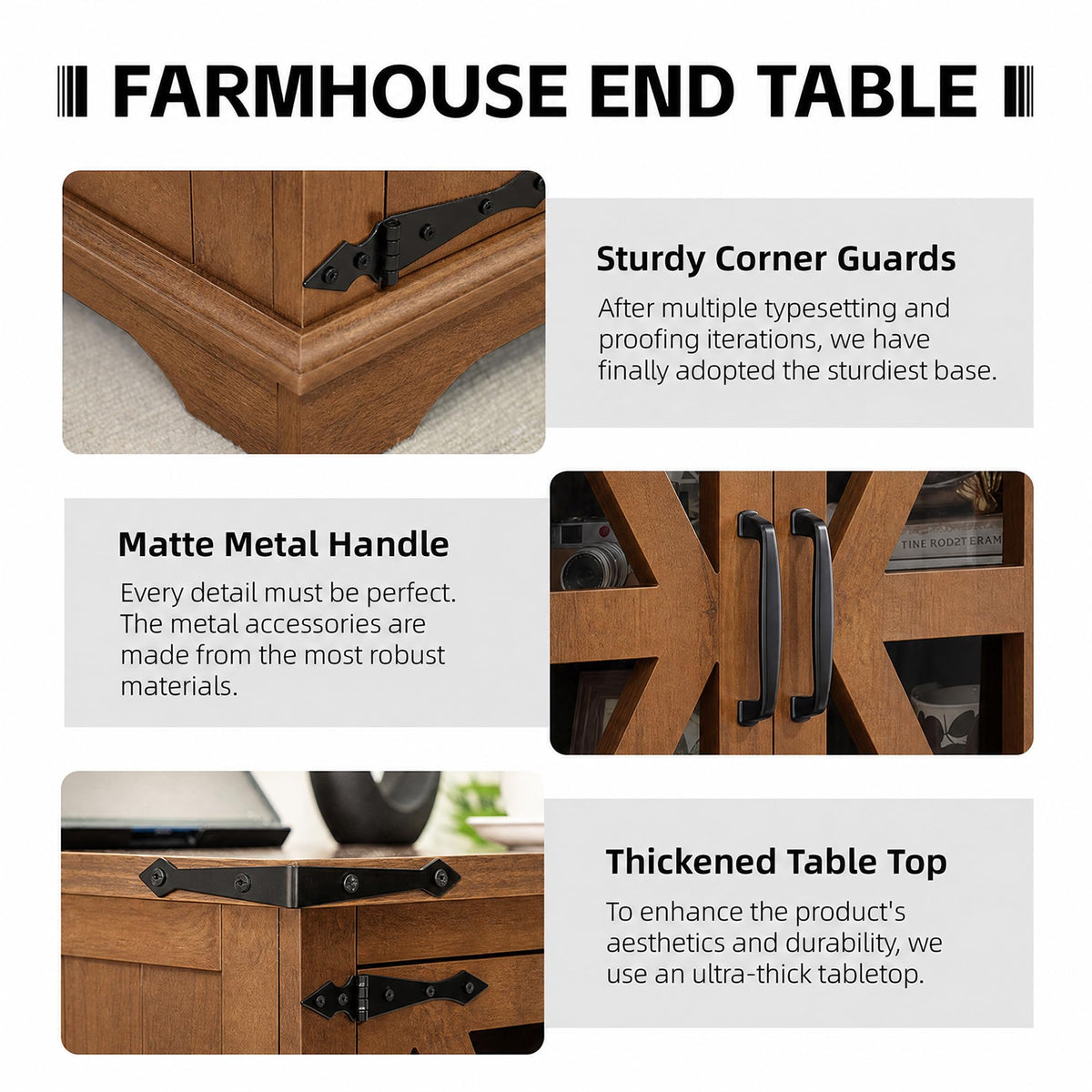 BEROXII Farmhouse End Table, 24" Large End Tables with Storage, Rustic Square Sofa Beside Table with Glass Barn Door, Wood Side Table Square Nightstand for Living Room, Bedroom, Office (Brown)