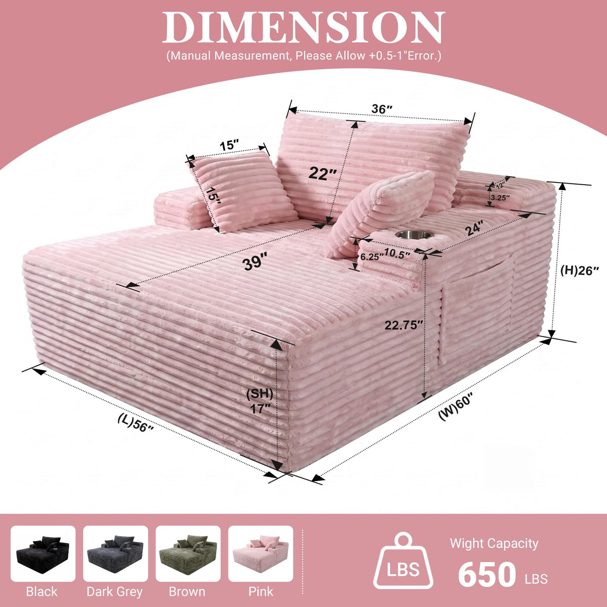 Oversized Chaise Lounge Chair Indoor, Upholstered Boneless Sofa Bed, Corduroy Deep Seat Sleeper Couch Reading Chairs with 1 Cup Holder, 2 Side Pockets & 3 Pillows, No Assembly (Pink, Oversized)