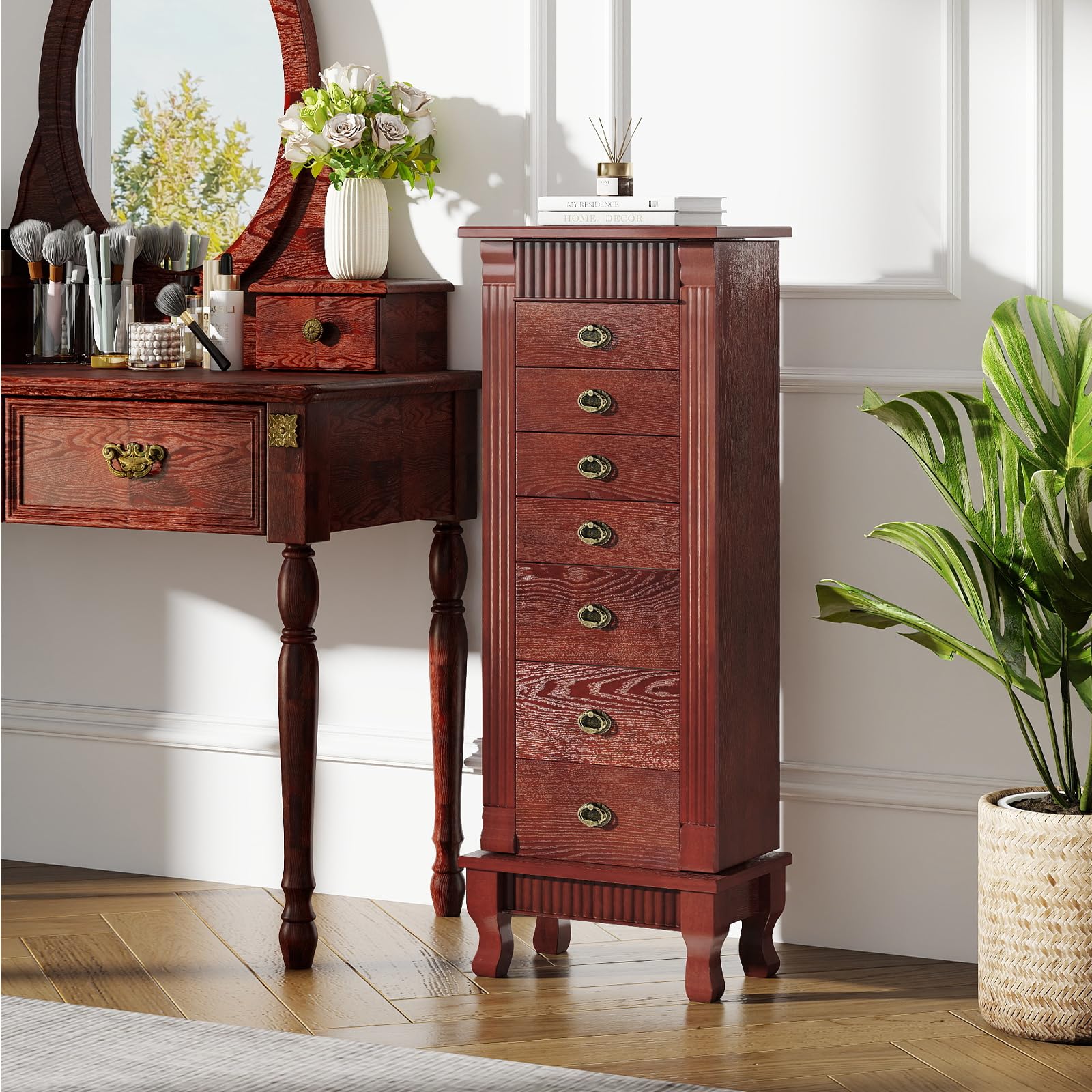 Standing Jewelry Cabinet with Mirror & Drawers