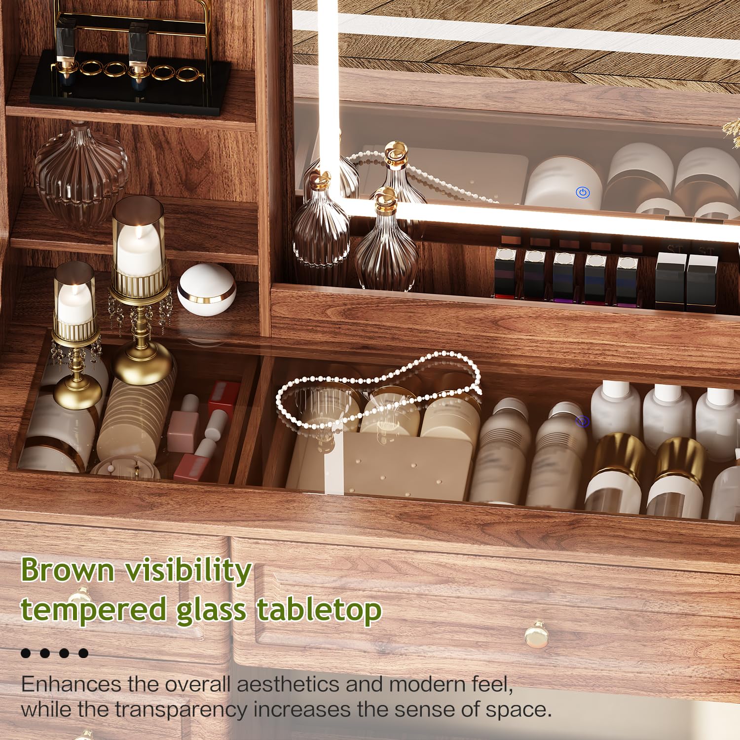 Arulvmrn 43" Makeup Vanity Desk with Mirror and Lights, & Power Outl, Glass Top Big Vanity Table with 9 Drawers& 8 Storage Shelves, Dressing Table Set with Chair for Bedroom, Brown