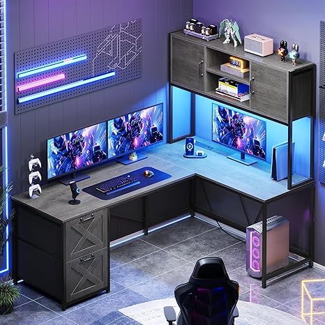 L-Shaped Corner Desk with Drawers, LED Lights & Power Outlet