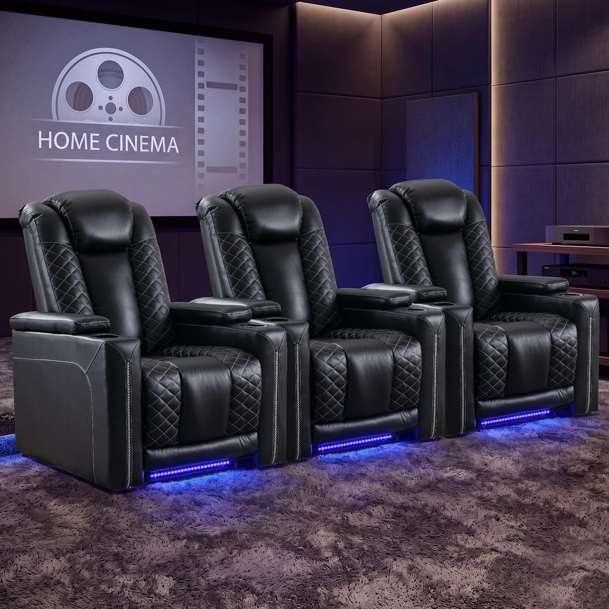 EBELLO Electric Power Recliner Chairs, Set of 3 Soft PU Leather Single Seat Home Theater Seating with USB Ports, Reclining Sofa Chair with Hidden Arm Storage, for Living Room, Black