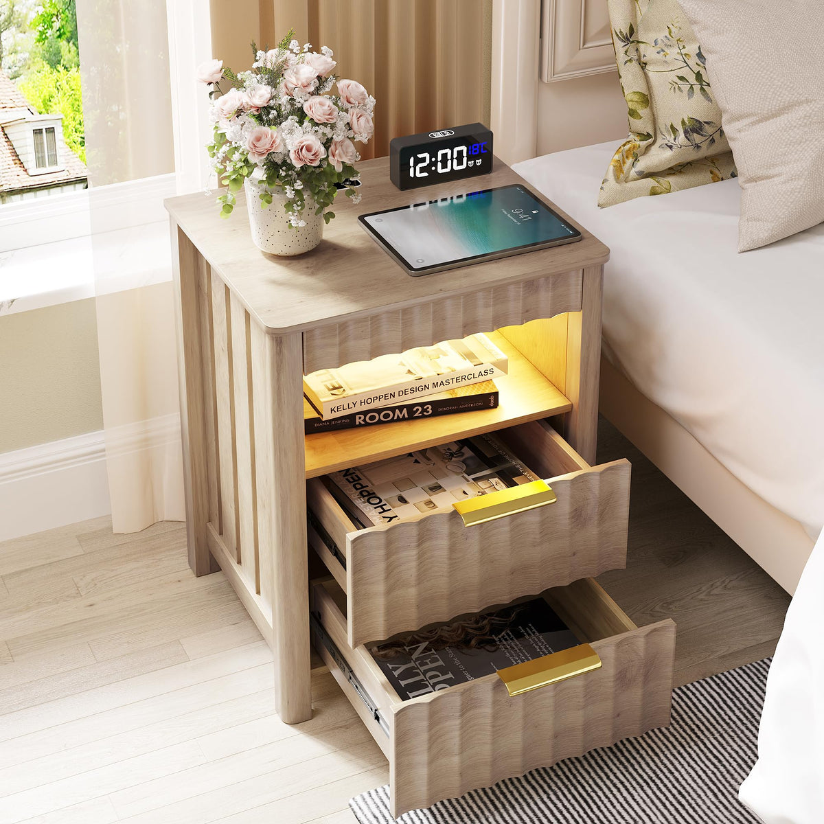 Dystler Nightstand with Charging Station & Gun Drawer for Bedroom, Wood